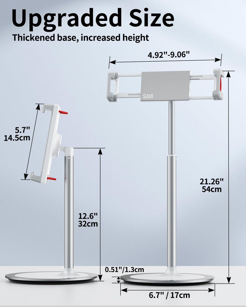SAIJI Tablet Stand Holder, Extra-Height Adjustable Kindle Stand, 360 Degree Rotating iPad Holder, Aluminum Alloy Cradle Mount Dock for 4.7"-15.6" iPhone, Samsung, Tablets, Portable Monitor (Silver) - Image 5